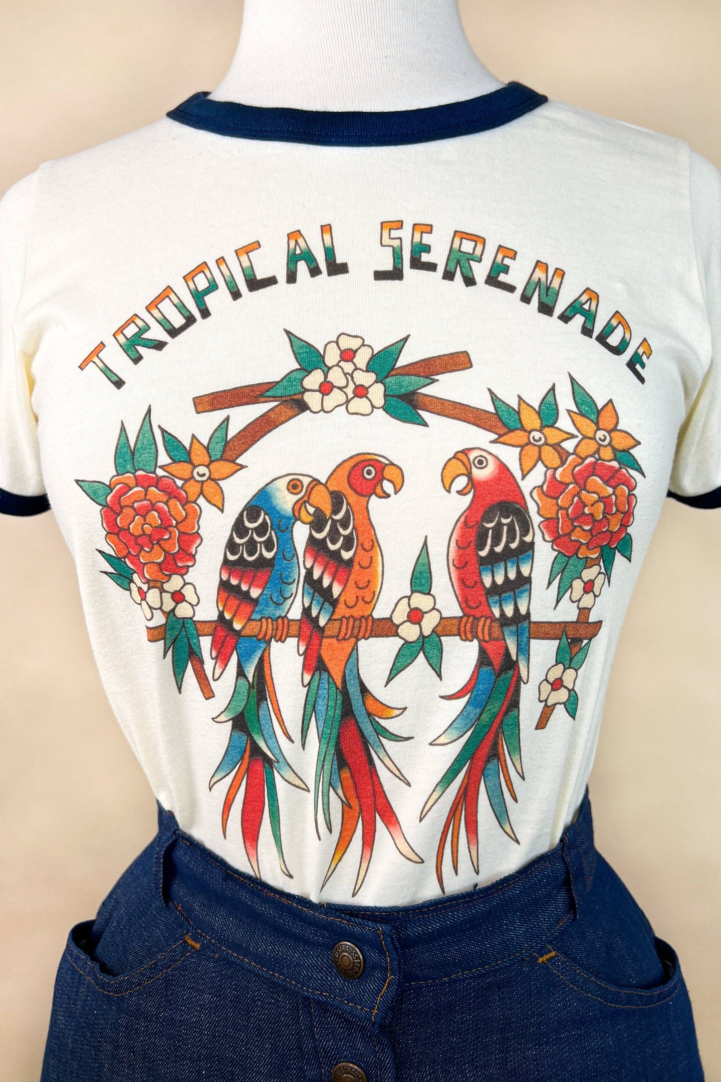 Tropical Serenade Fitted Ringer Tee in Natural/Navy