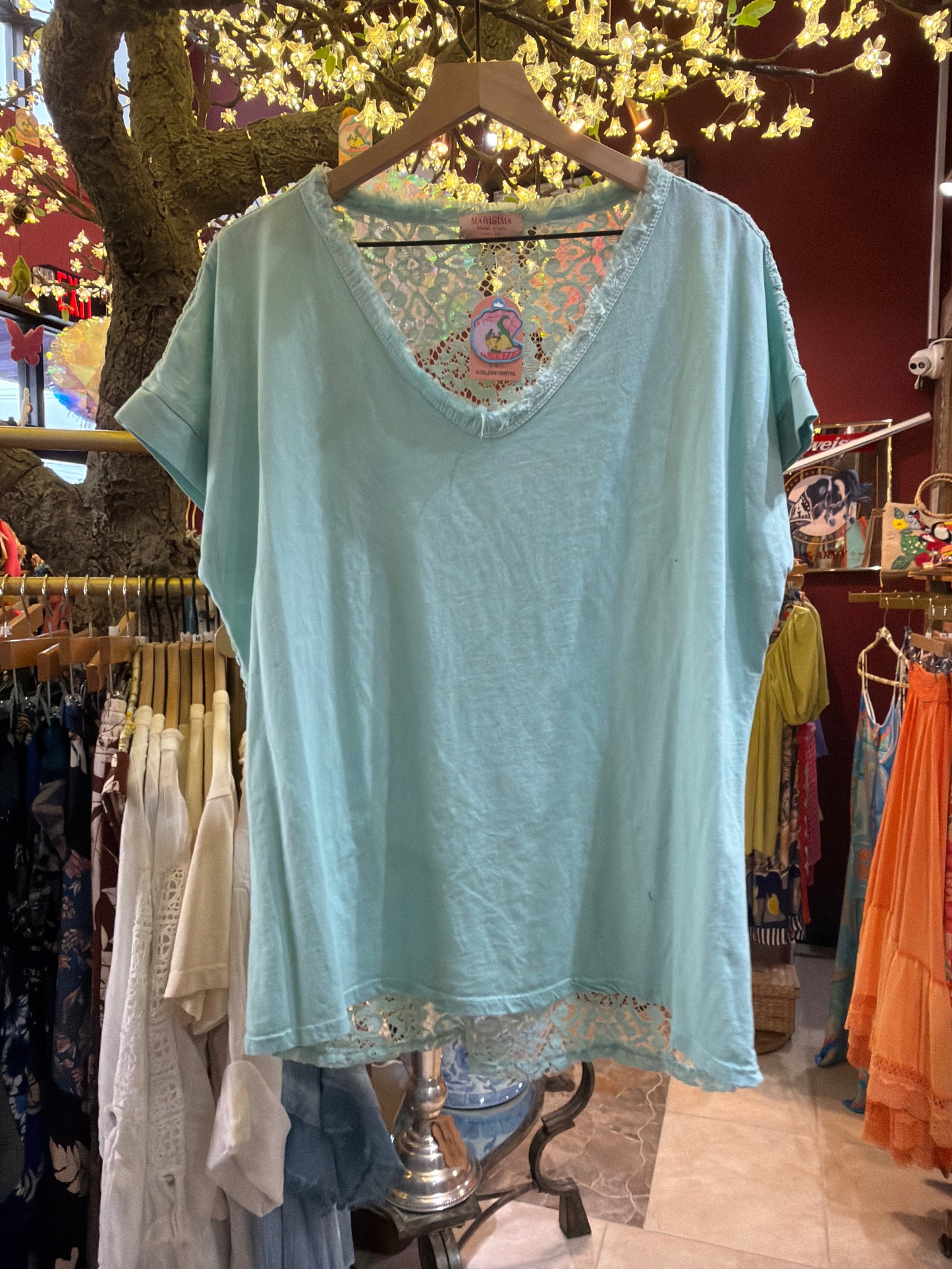 Lace back Turquoise V-Neck T-shirt
