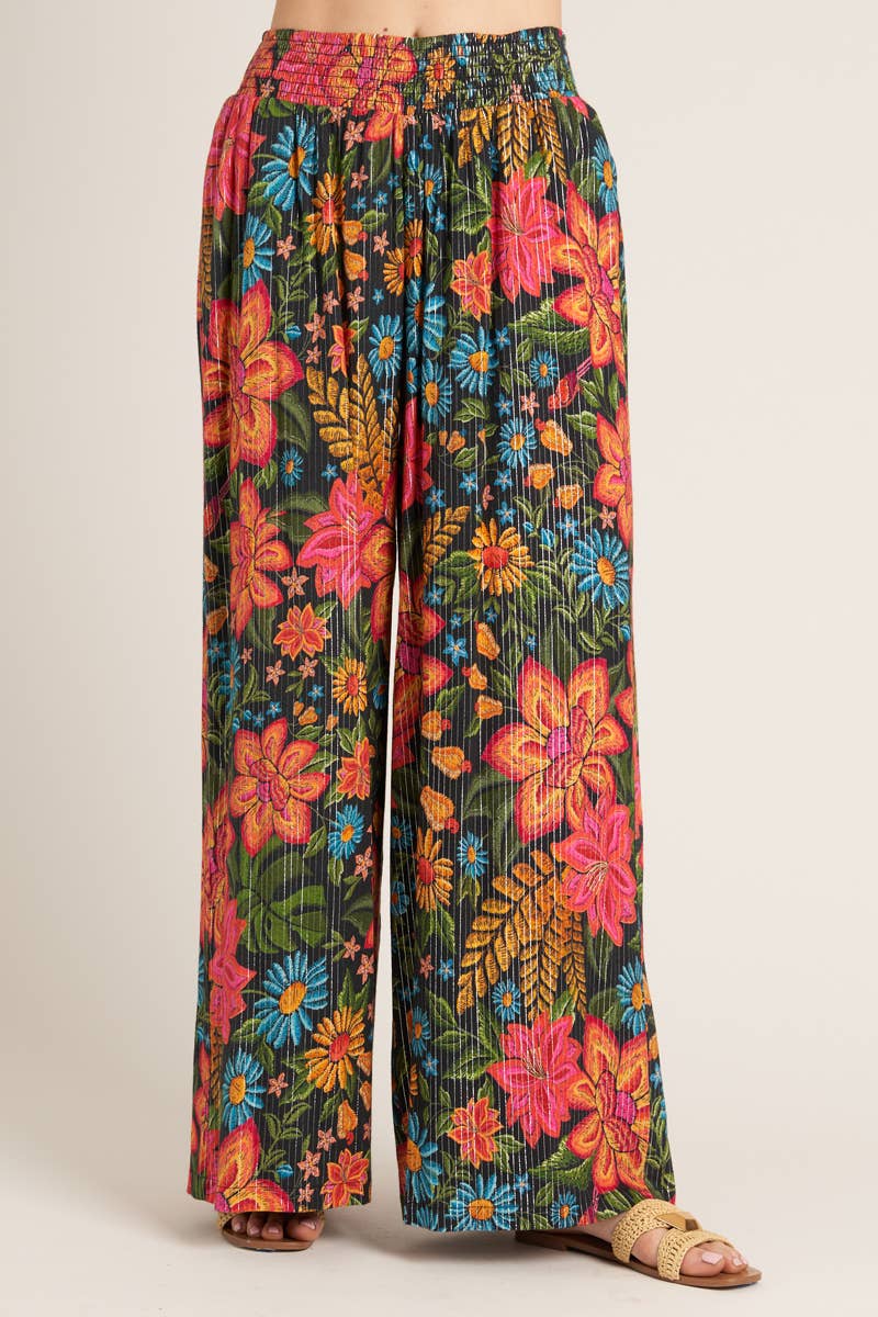 Printed Elastic Waistband Pants with Lurex Stripes