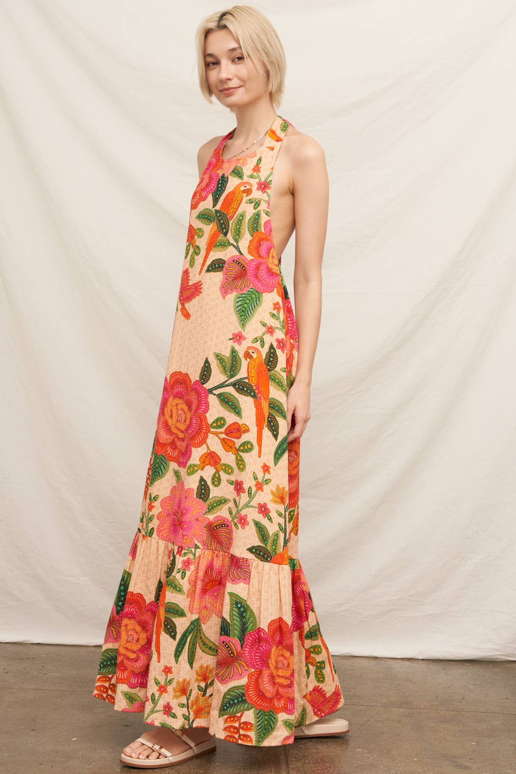 Textured Tropical Print Halter Neck Maxi Dress
