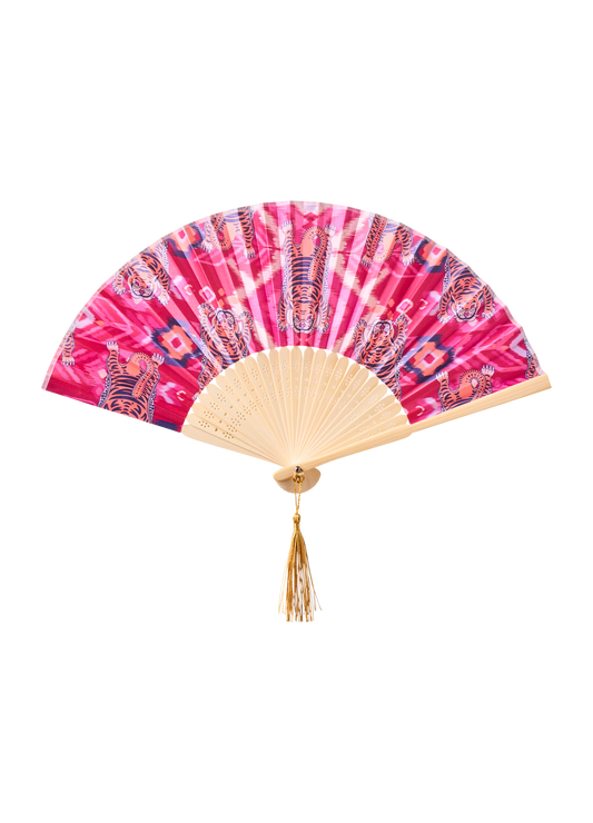 Satin Fan - Ikat Tigers - Fuchsia