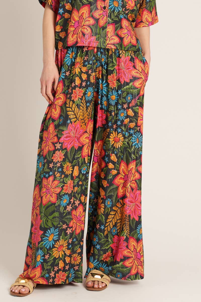 Printed Elastic Waistband Pants with Lurex Stripes