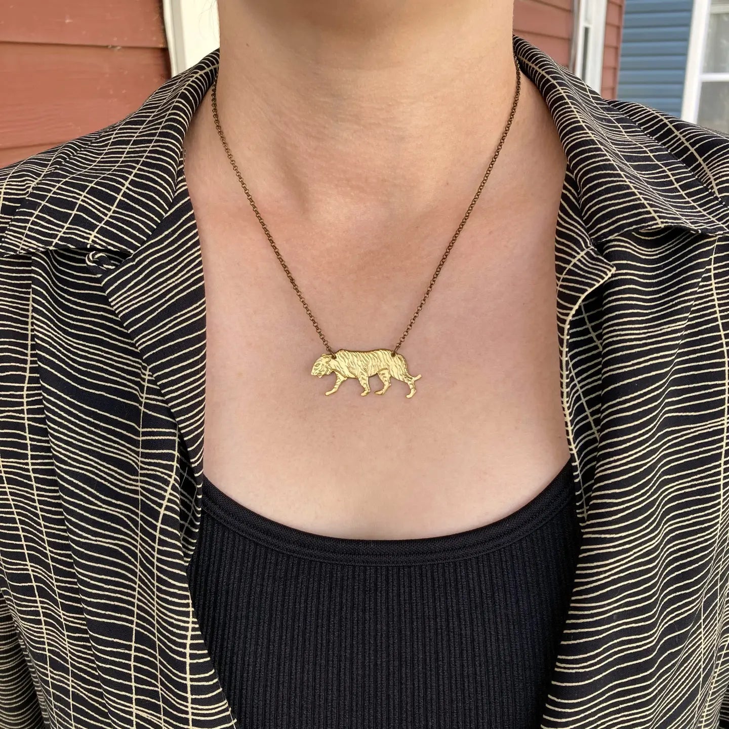 Brass Tiger Big Cat Pendant Necklace