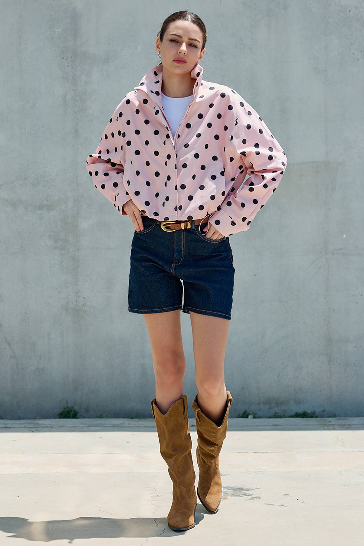 PRE ORDER SHIPS AUG 8-15 Polka Dot Stand Collar Zip Up Jacket