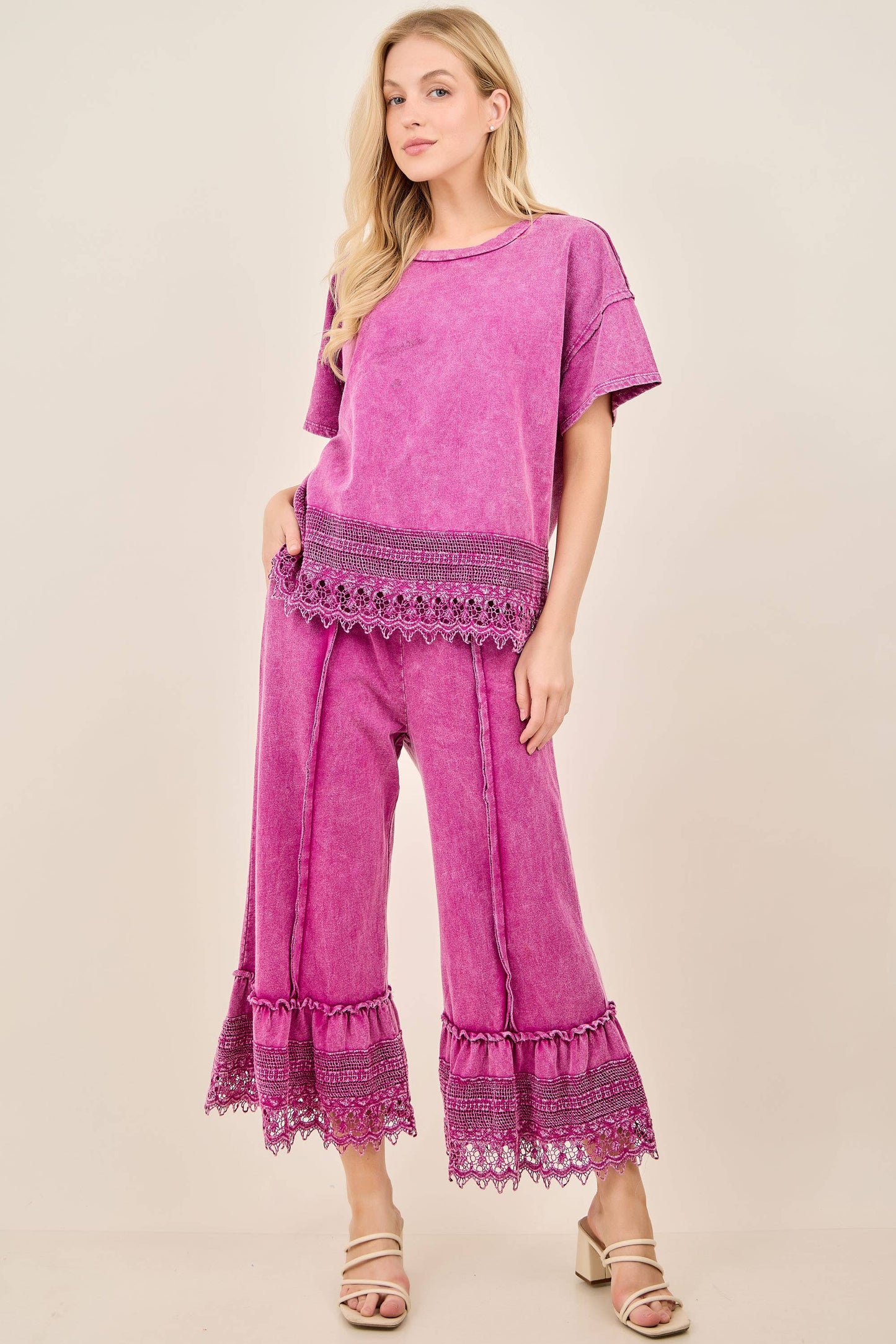 Mineral Washed Delicate lace trim hem Cropped Pants