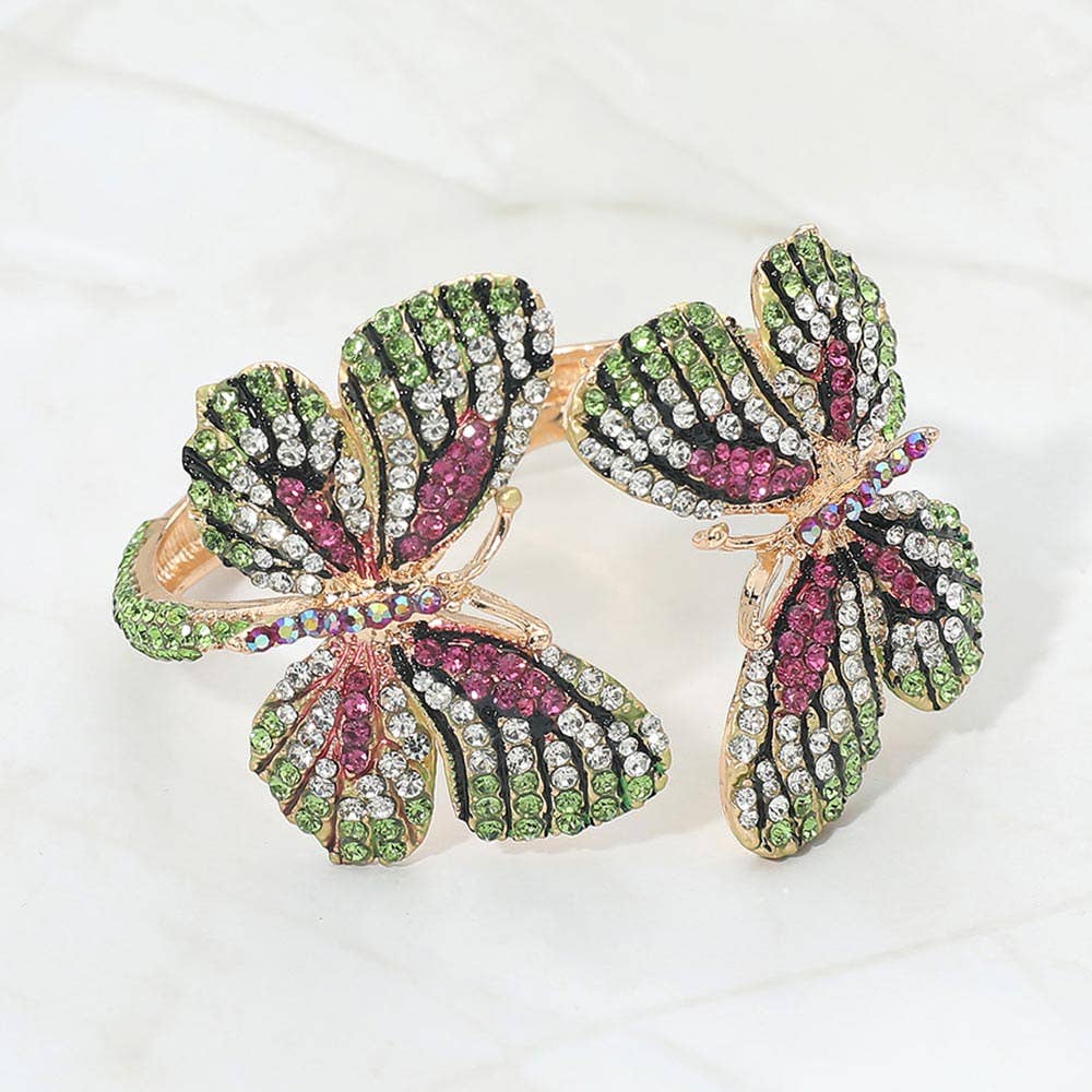 Rhinestone Embellished Double Butterfly Hinged Bangle Bracelet
