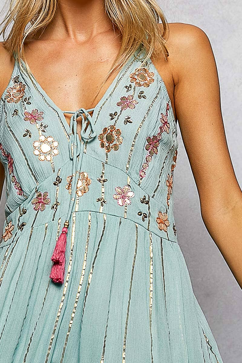 Boho Smocking Mirror Embroidery V-Neck Sleeveless Dress