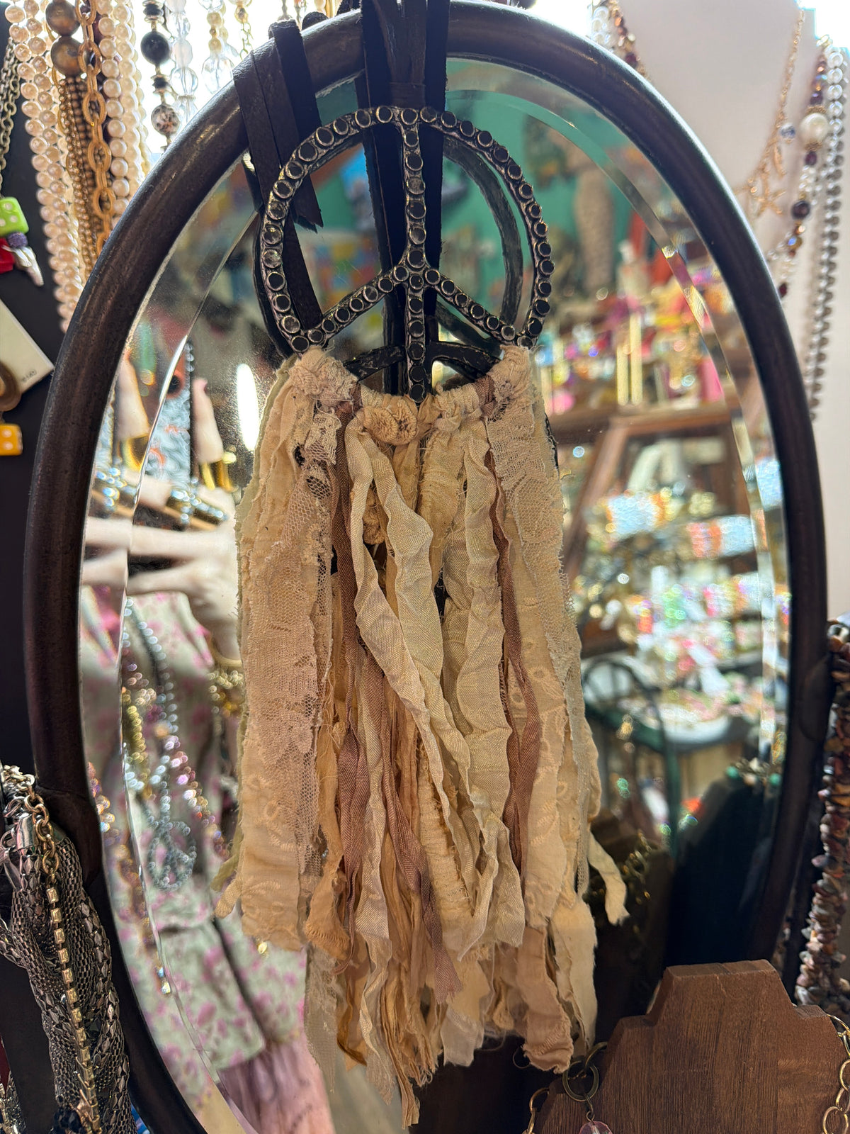 Beige Fringe fabric peace sign necklace l