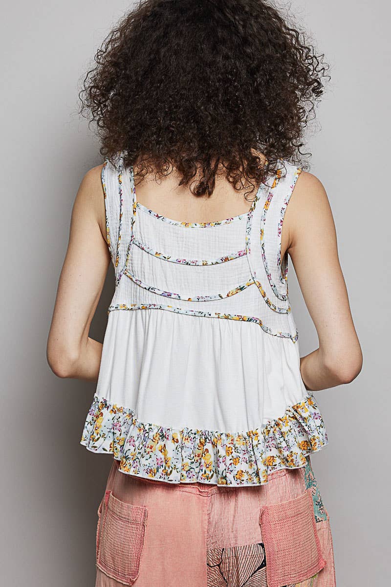 Square Neck Jersey Floral Trim Boho Tank Top