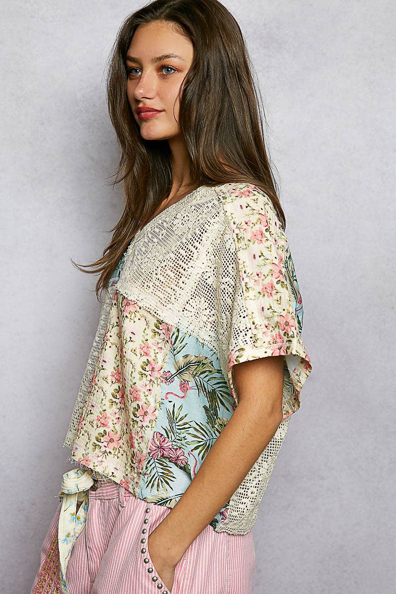 V-Neck Lace See Through Double Gauze Blouse