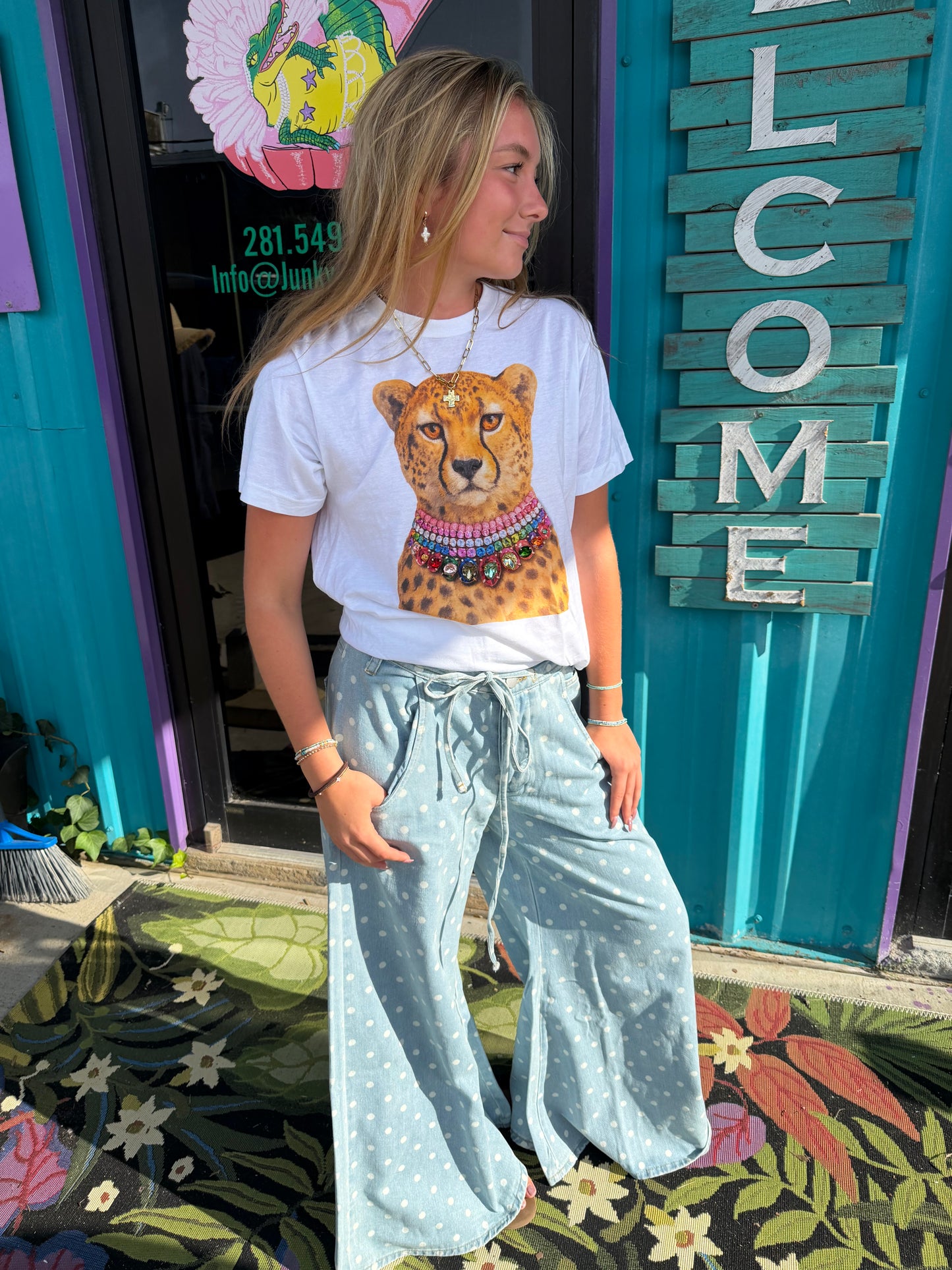 Polka Dot Wide-Leg Denim Pants