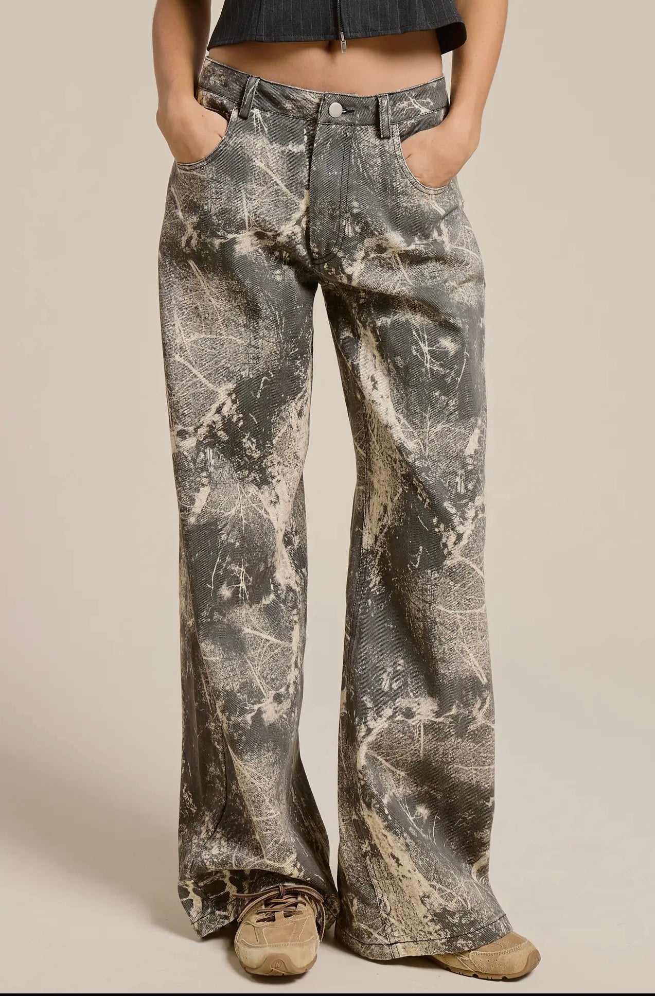 Grunge Splatter Print Wide Leg Denim Jean Pants