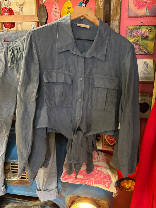 Slate Blue Linen Tie-Front Top