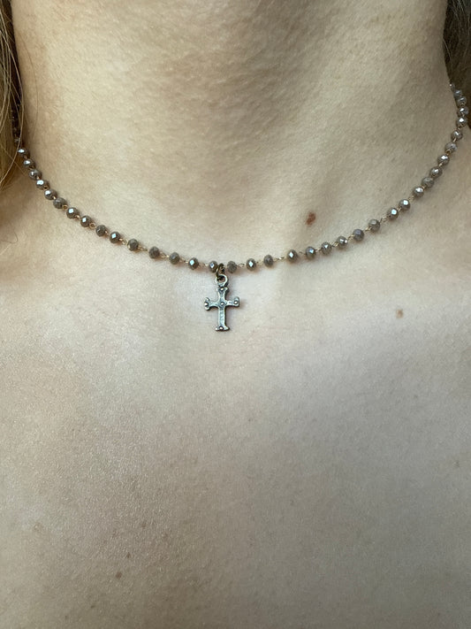 Mini Beaded Light Brown Cross Choker