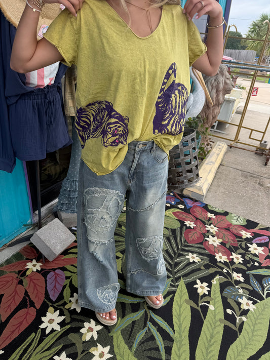 Chartreuse t-shirt w purple tiger