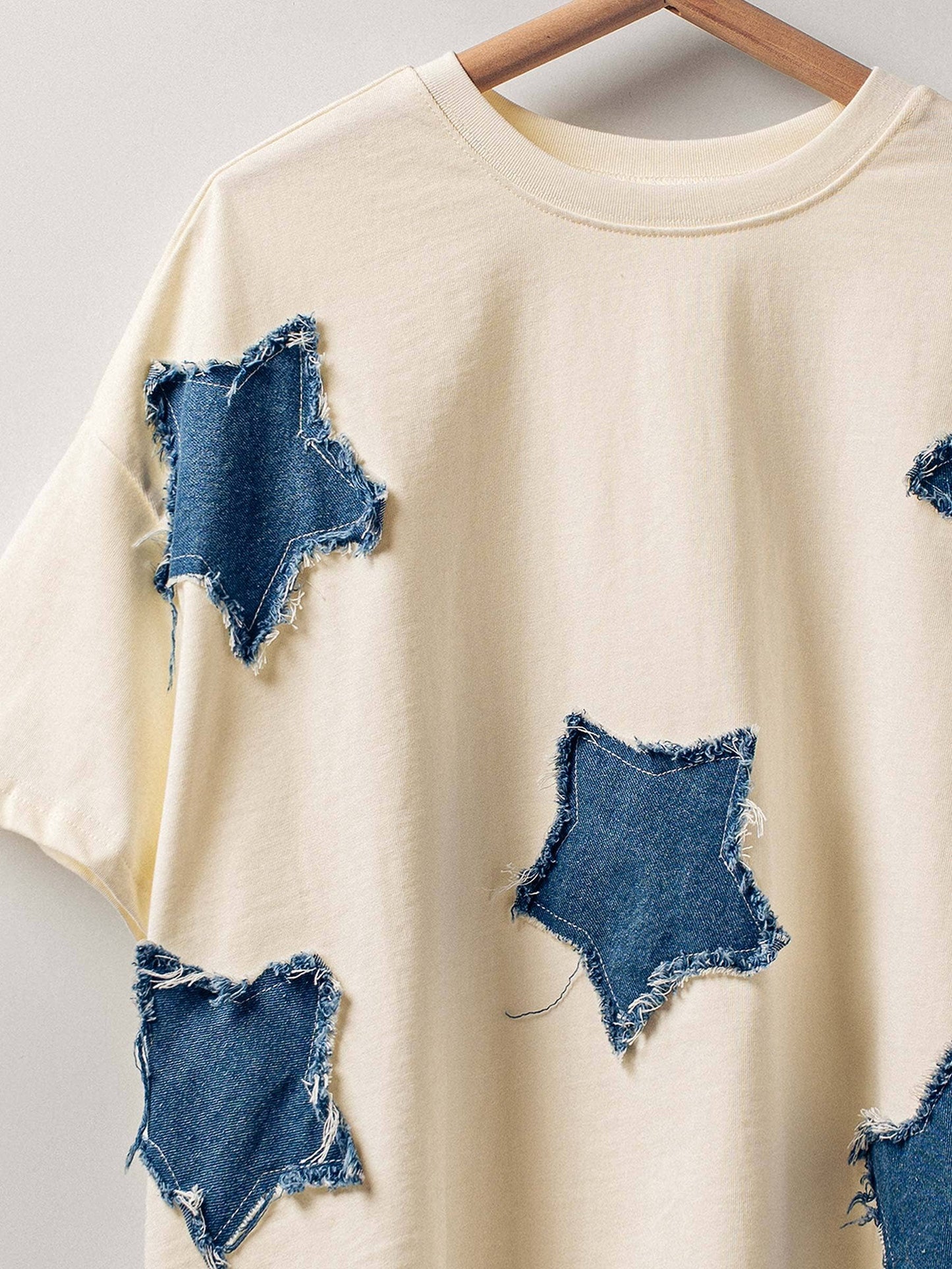 Distressed Denim Star Appliqué Cotton Tee