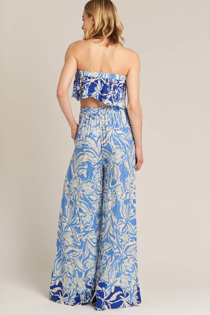 Blue Patterned Tube Crop Top and Wide Leg Pants Set