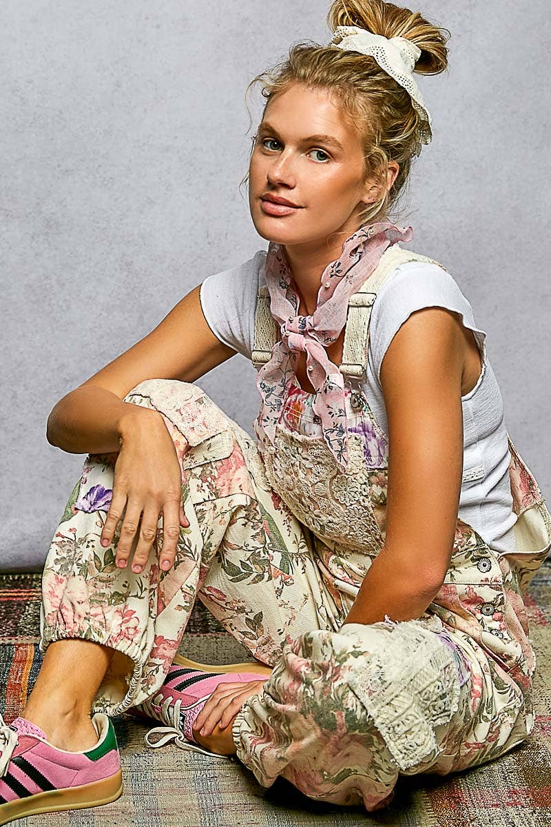Printed Lace Patch Trim Strap Relaxed Fit Jogger Overalls