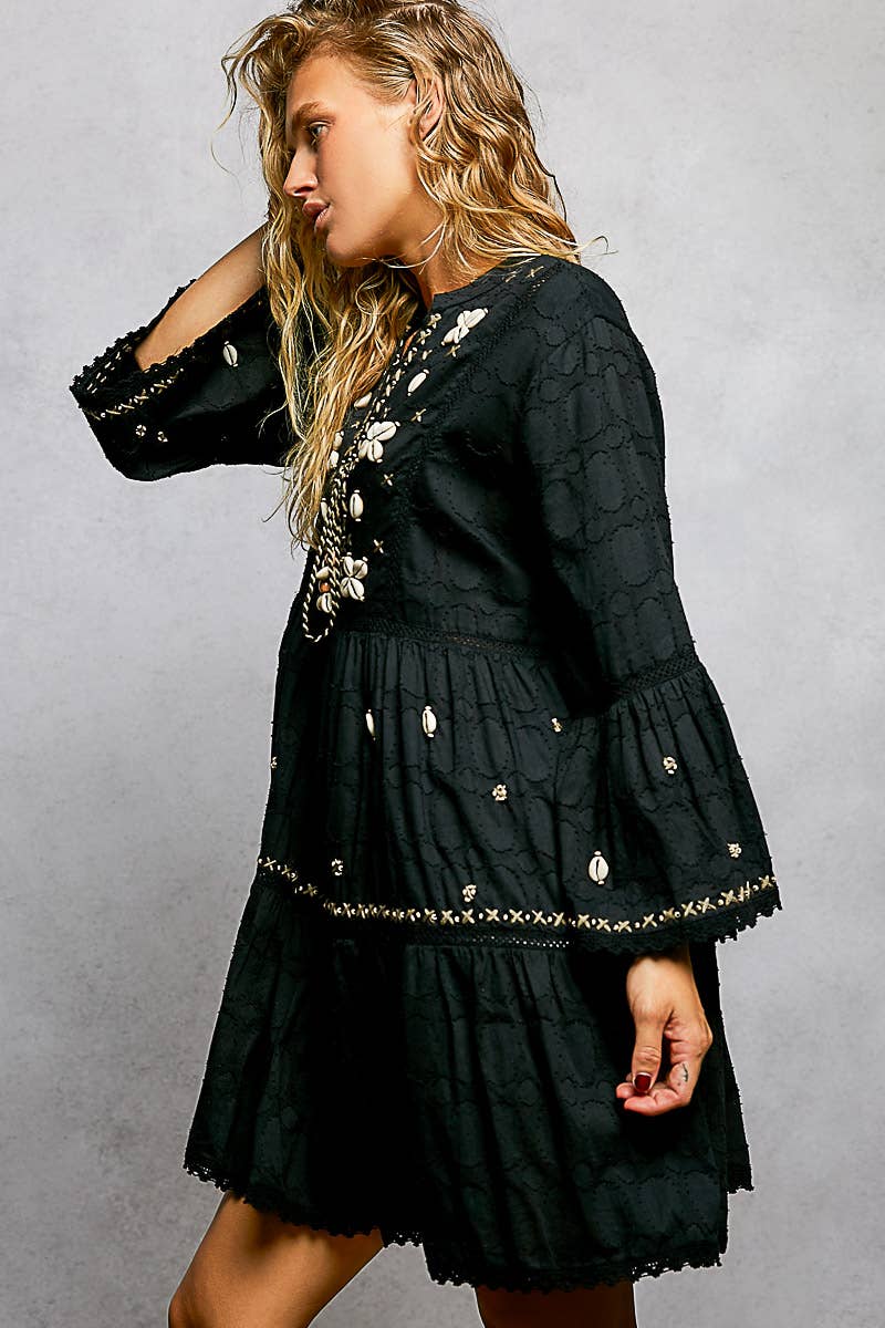Stitch Bead Detail Trim V-Neck Woven Roomy Fit Dress