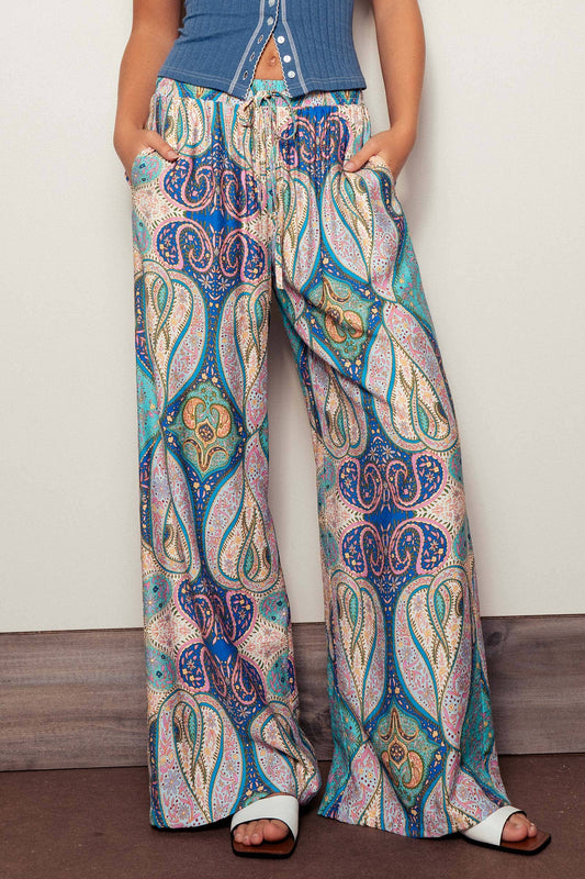 Blue Paisley Print Wide-Leg Statement Pants