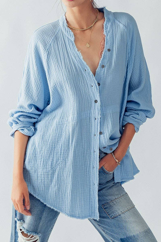 Airy Blue Soft Frayed Hem Gauze Vintage Washed Shirt