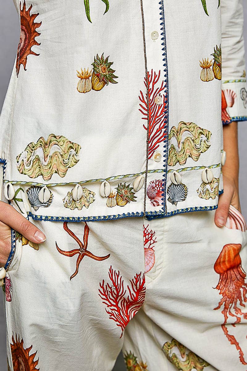 Sea Contrast Stitch Shell Trim Shirt Top