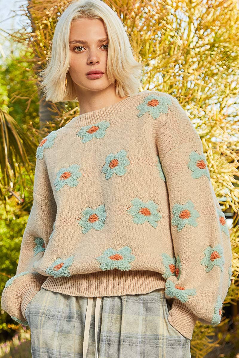 Toasted Almond Oversized Round Neck Daisy Floral Sweater