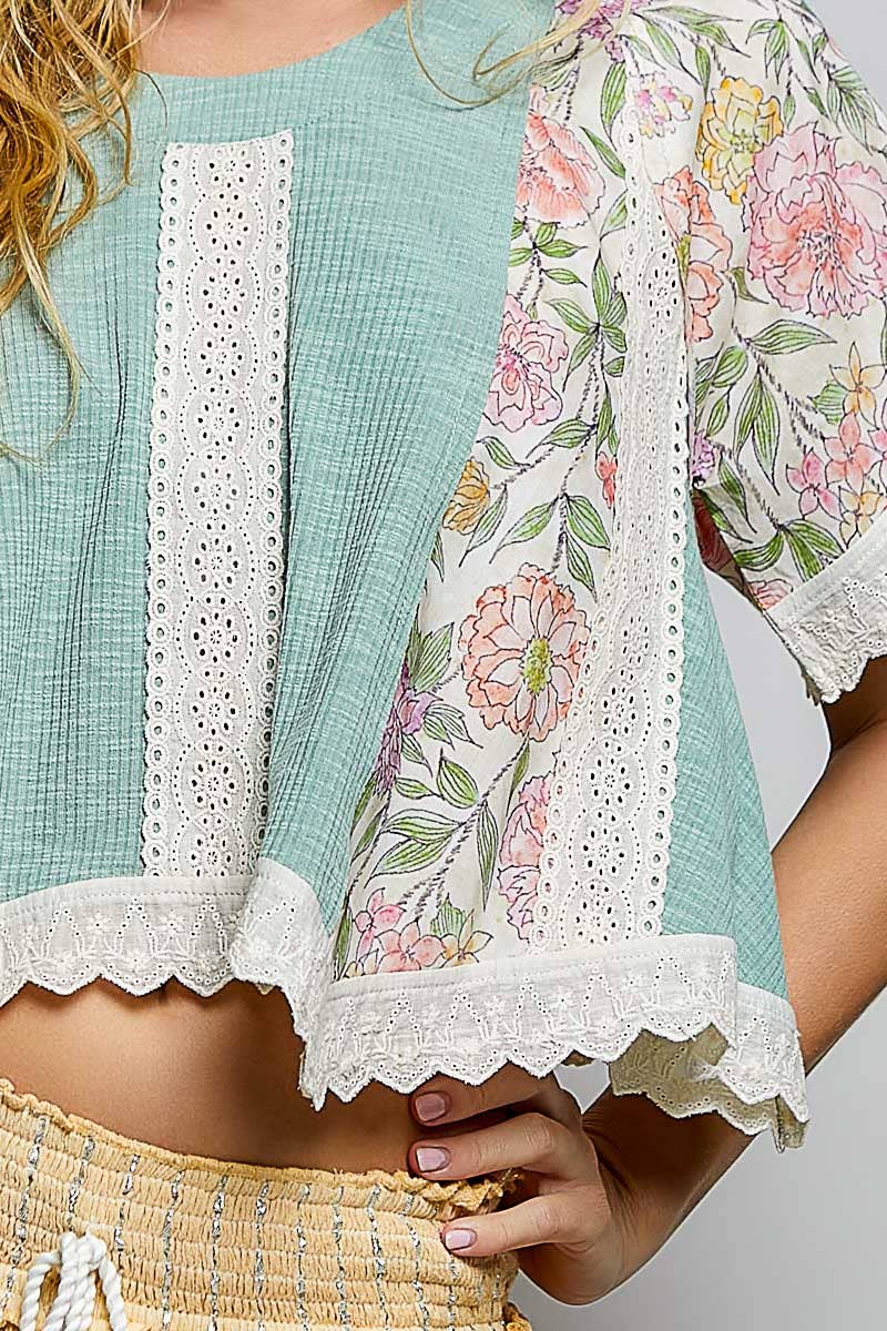 Round Neck Contrast Floral Eyelet Trim Rib Short Sleeve Top