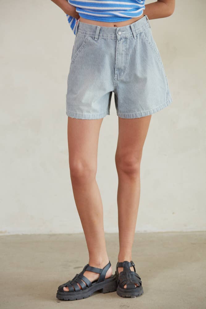 Railroad Striped Straight Leg Denim Shorts