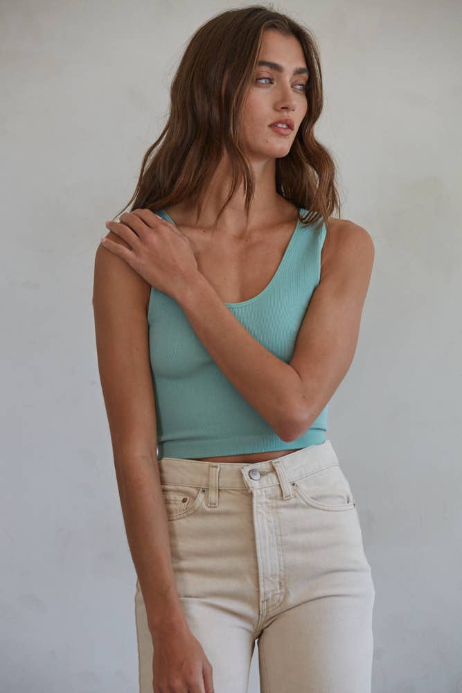 Mint Seamless Ribbed U-V Neck Crop Tank Top