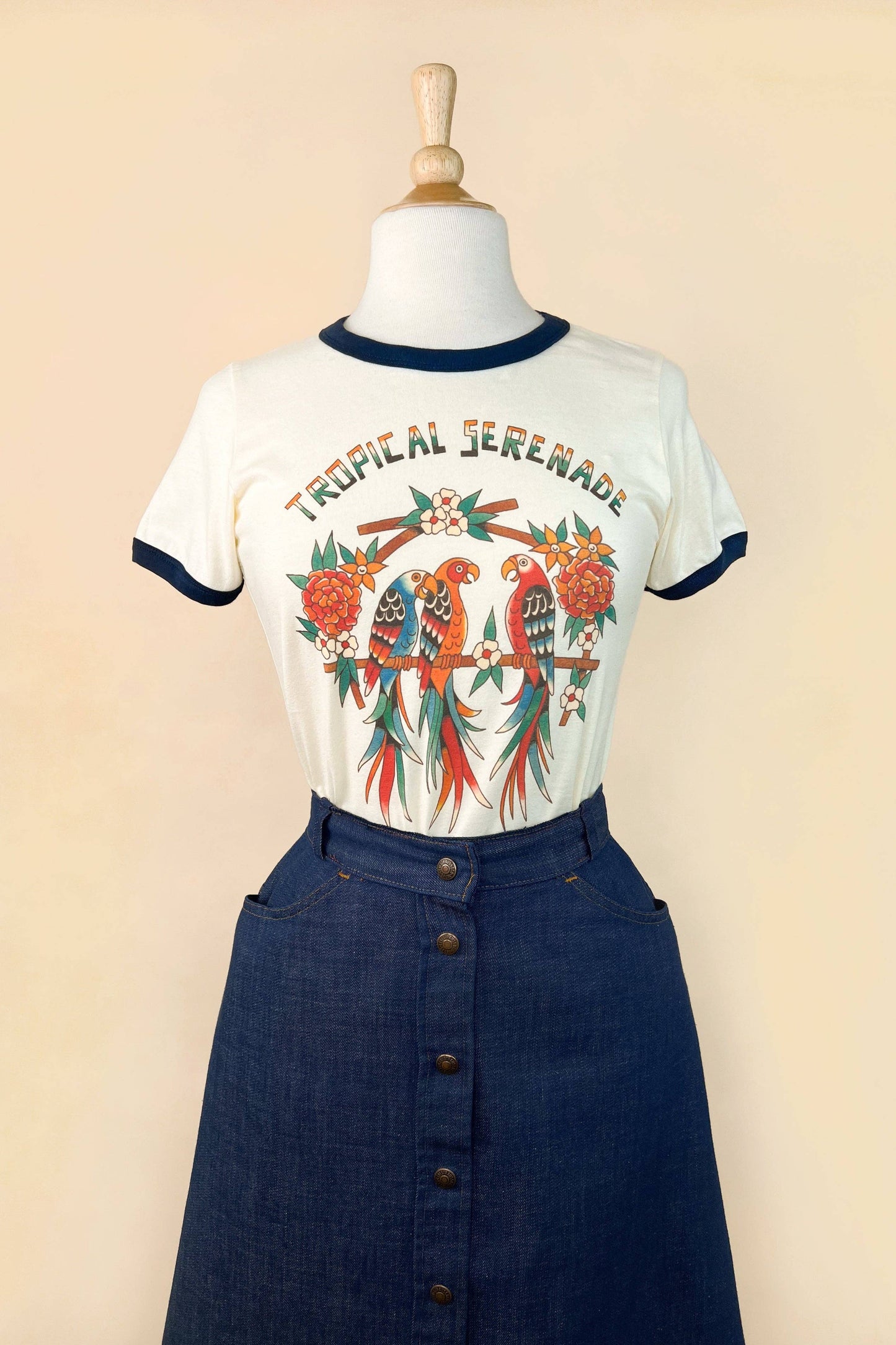 Tropical Serenade Fitted Ringer Tee in Natural/Navy