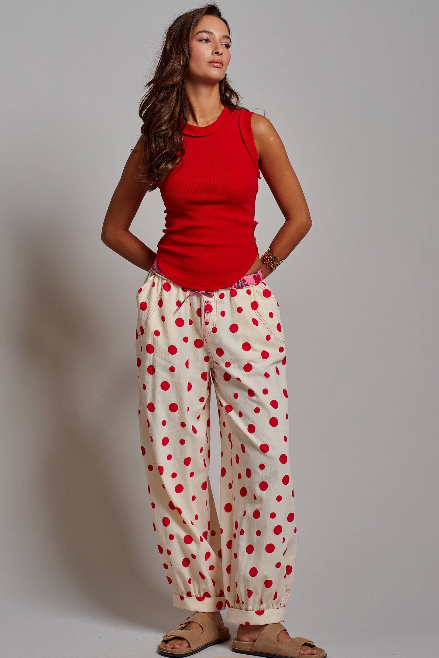 Retro Polka Dot Elastic Waist Wide-Leg Pants