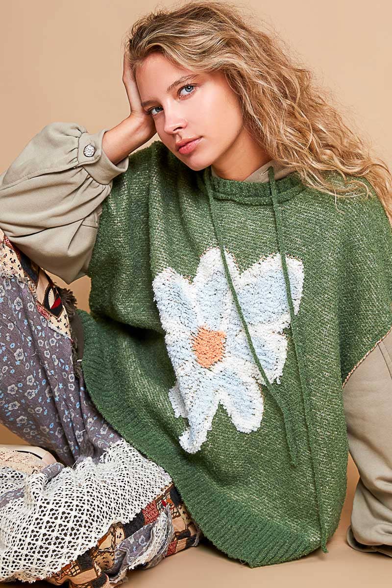 Green/Taupe Oversize Balloon Sleeve Flower Solid Sweater