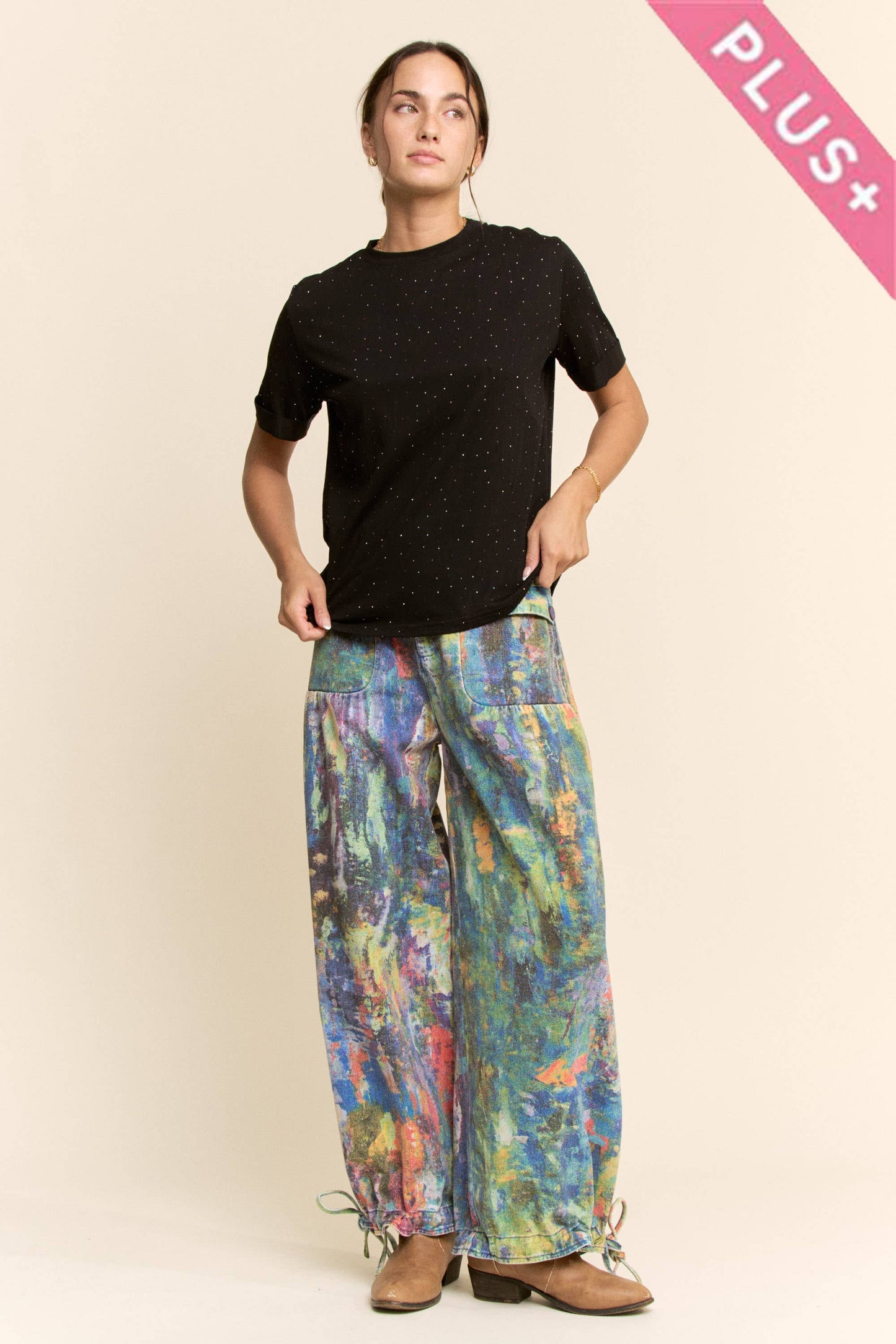 PLUS SIZE DENIM WIDE OPEN MID HIGH WAIST PANT