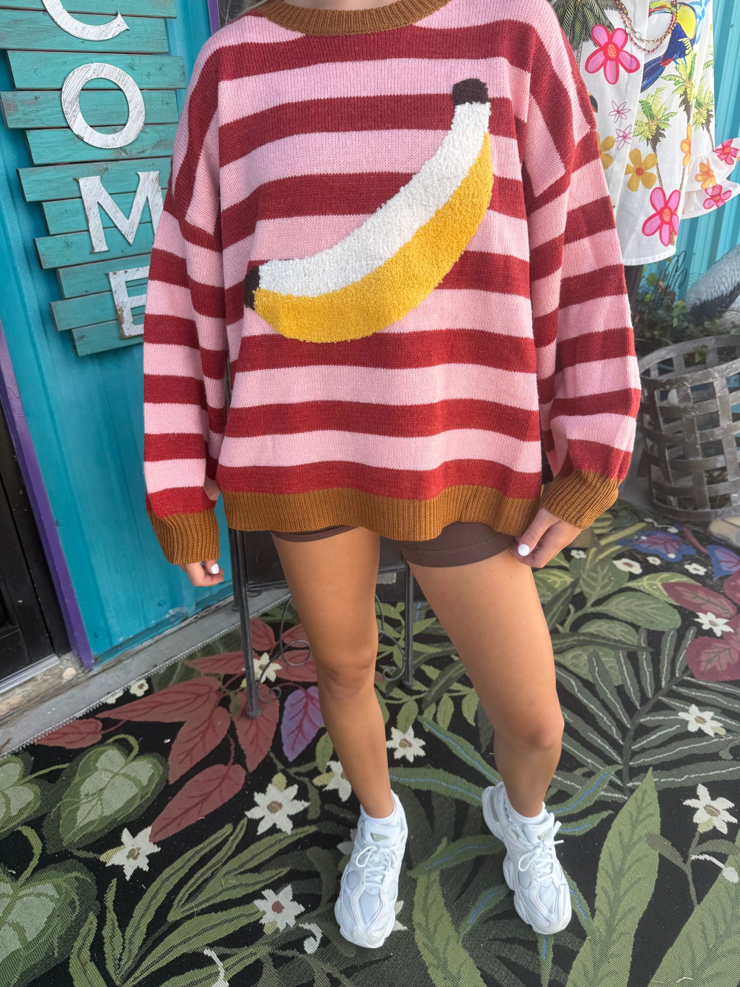 Cozy Striped Sweater with Fun Banana Detail