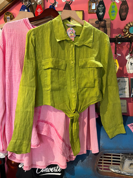 Green Linen Tie-Front Top