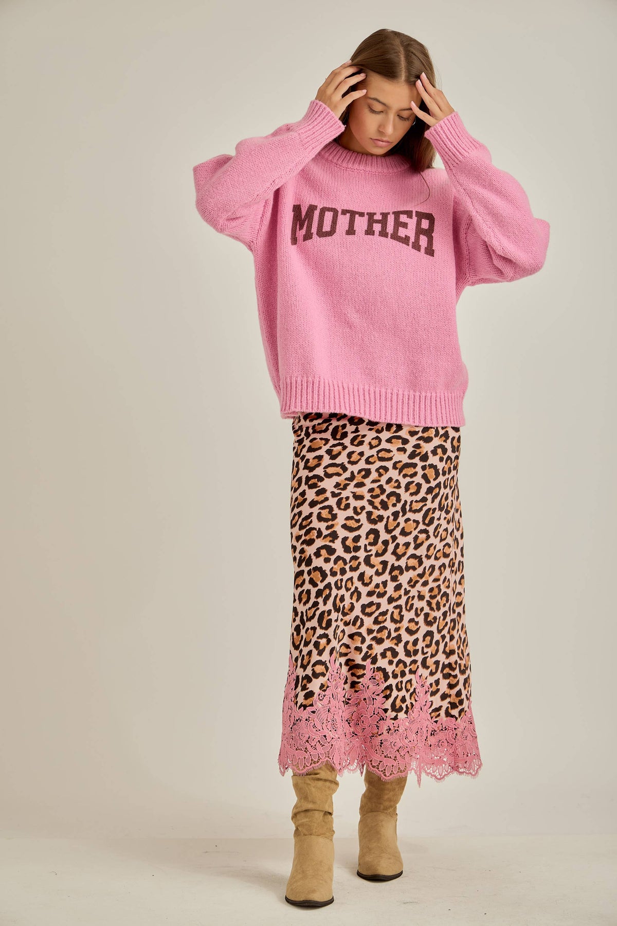 Leopard with lace hem fit & flare bias maxi skirt