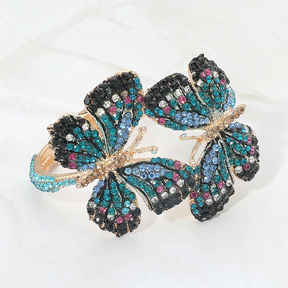 Rhinestone Embellished Double Butterfly Hinged Bangle Bracelet