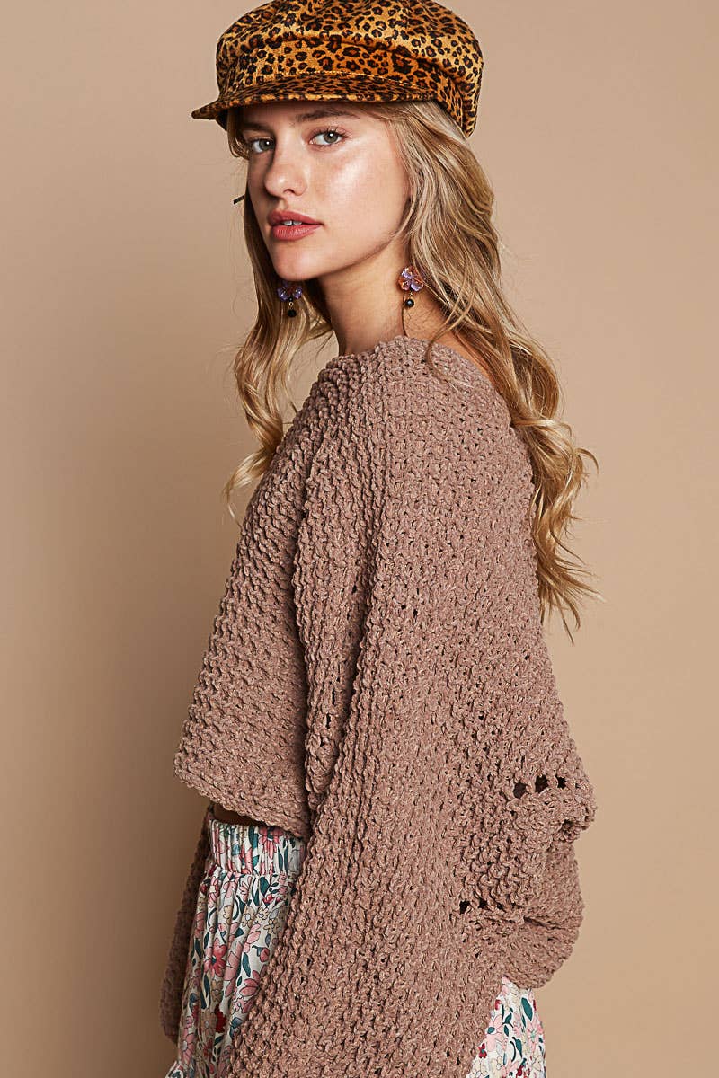 Chocolate Round neck semi cropped chenille solid sweater