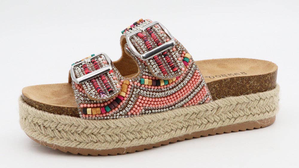 Pink Beaded Espadrille Platform Cork Boho Sandals