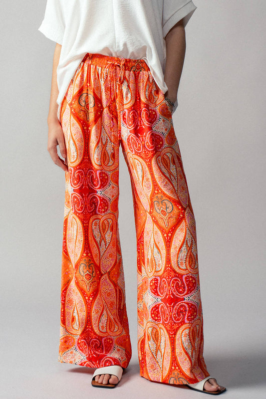 Orange Paisley Print Wide-Leg Statement Pants