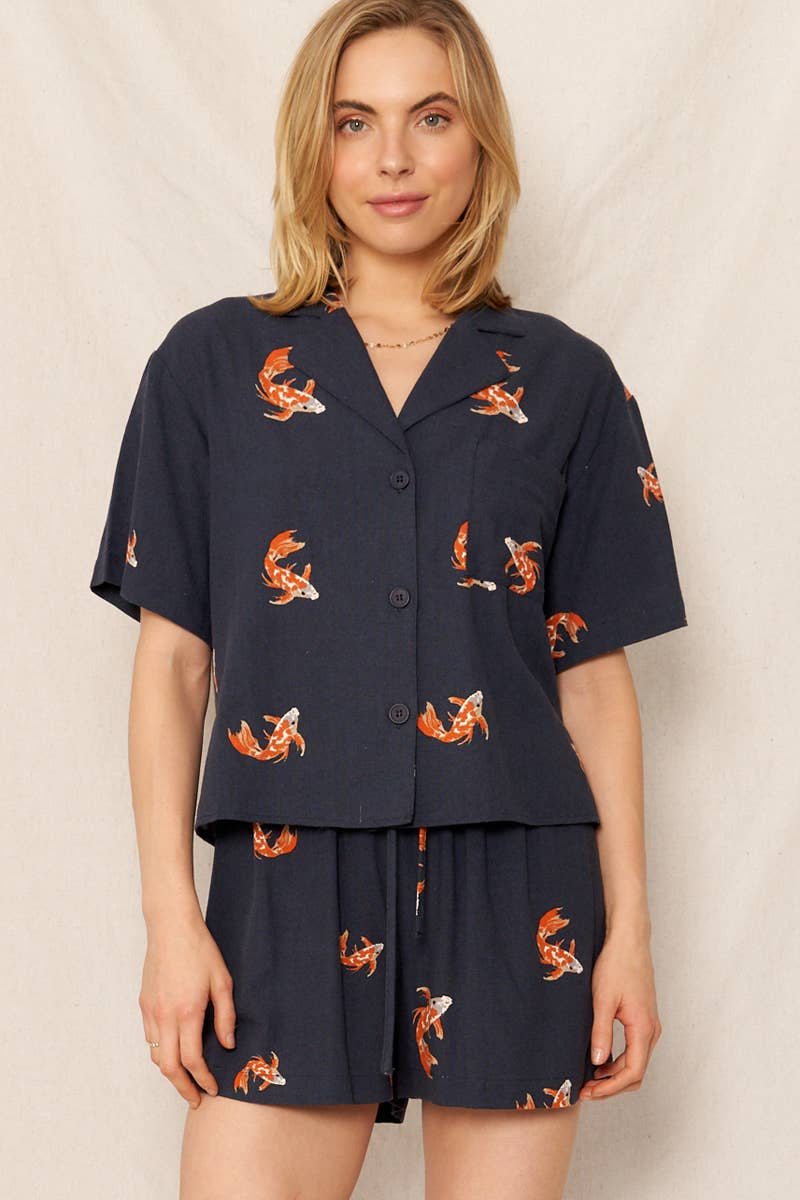 Koi Fish Print Short Sleeve Button Down Shirt