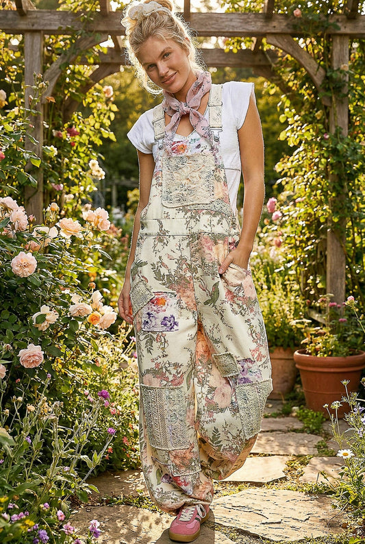 Printed Lace Patch Trim Strap Relaxed Fit Jogger Overalls