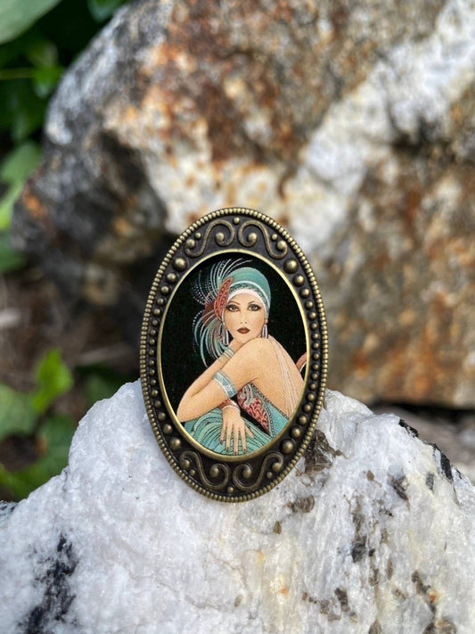 Flapper Green Dress Antiqued Bronze Adjustable Ring