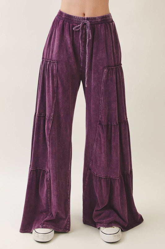 Purple Mineral Washed Tiered Wide Leg Pants