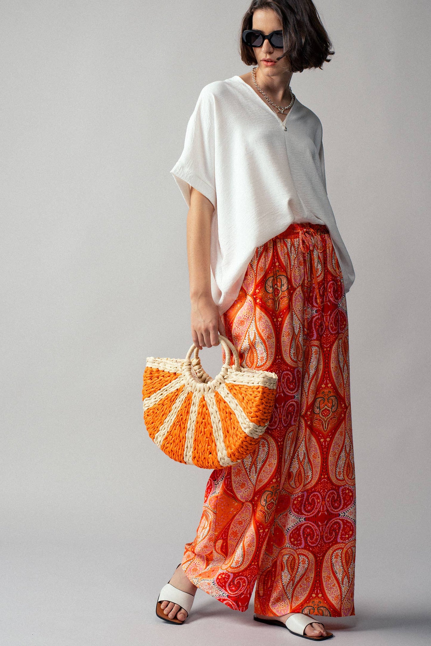 Orange Paisley Print Wide-Leg Statement Pants