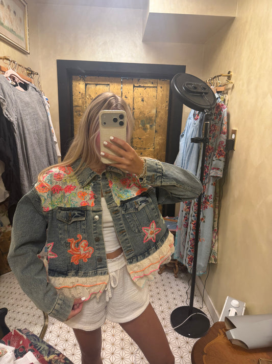 Statement Floral Embroidered Cropped Lace Trim Denim Jacket