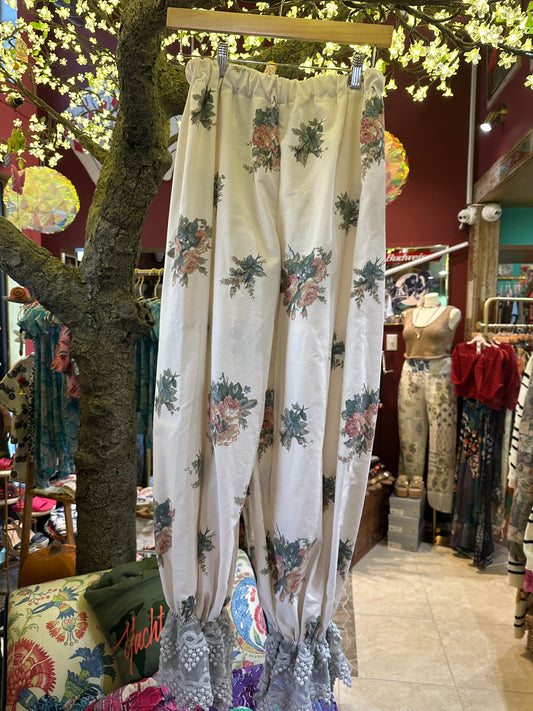 Peony Rose Floral Print Blue Lace Trim Bloomer Pants