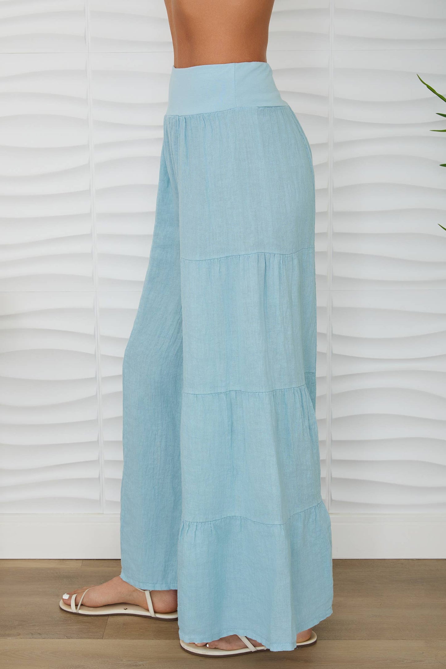 BLUE ZUCCERO LINEN TIERED PALAZZO PANT
