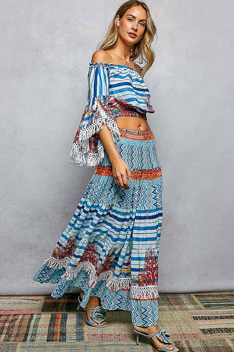Off-Shoulder Fringe Sleeve Smocked Top and Skirt Set